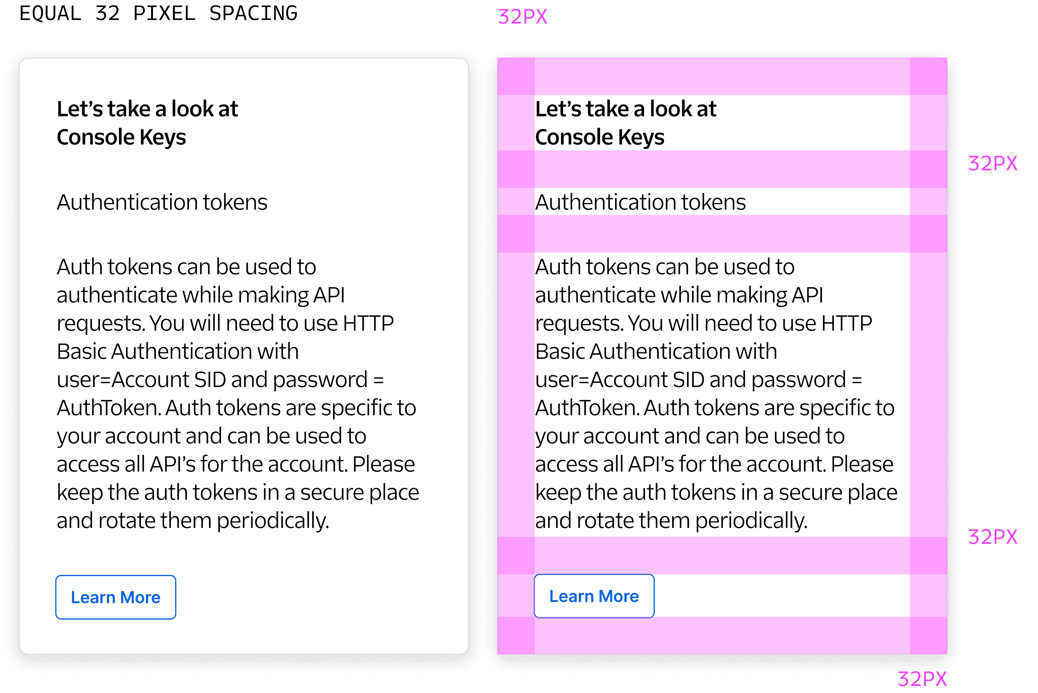 Mock of a card with Heading, Paragraph text, and a Button with 32px spacing everywhere